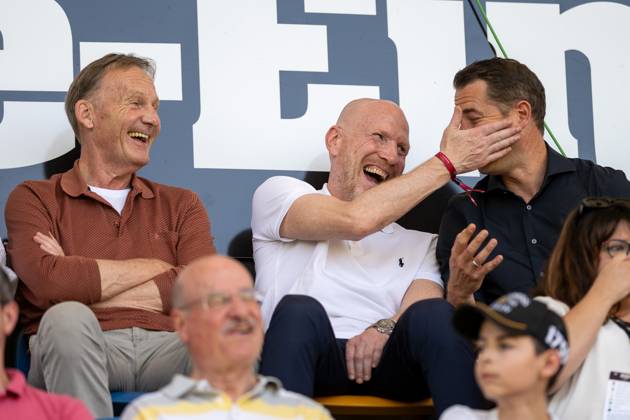 06 08 2024, Football test match, season 2024 2025, Borussia Moenchengladbach FC Villareal in Altach Good mood on the grandstand with Hans Joachim Watzke Borussia Dortmund, Managing Director , Matthias Sammer Borussia Dortmund, external consultant and Lars Ricken Borussia Dortmund 09, Managing Director Sport Foto Kirchner Media DI Copyright: xKirchner-Media DIx