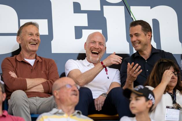 06 08 2024, Football test match, season 2024 2025, Borussia Moenchengladbach FC Villareal in Altach Good mood on the grandstand with Hans Joachim Watzke Borussia Dortmund, Managing Director , Matthias Sammer Borussia Dortmund, external consultant and Lars Ricken Borussia Dortmund 09, Managing Director Sport Foto Kirchner Media DI Copyright: xKirchner-Media DIx