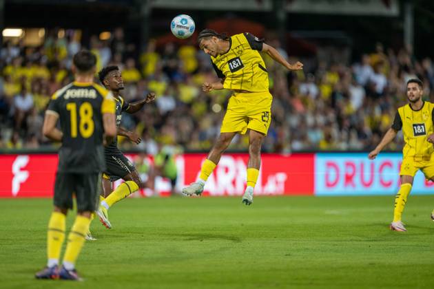 06 08 2024, Soccer test match, season 2024 2025, Borussia Moenchengladbach FC Villareal in Altach Paris Josua Brunner Borussia Dortmund, 29 at header Davor Adria Altimira FC Villareal, 18 Photo Kirchner Media DI Copyright: xKirchner-Media DIx