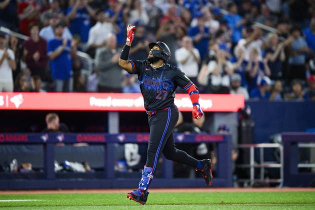 August 8, 2024, Toronto, On, CANADA: Toronto Blue Jays Vladimir Guerrero Jr. (27) celebrates while rounding the bases after hitting a two-run home run during the fifth inning of MLB, Baseball Herren, USA baseball action against the Baltimore Orioles, in Toronto, on Thursday, August 8, 2024. Canada News - August 8, 2024 - ZUMAc35_ 20240808_zaf_c35_178 Copyright: xChristopherxKatsarovx