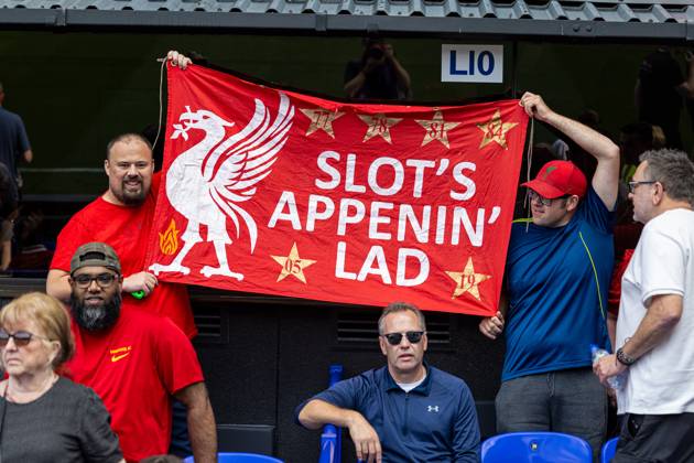 Football - FA Premier League - Ipswich Town FC v Liverpool FC IPSWICH, ENGLAND - Saturday, August 17, 2024: Liverpool supporters banner Slot s appenin lad during the FA Premier League match between Ipswich Town FC and Liverpool FC at Portman Road. (Photo by David Rawcliffe Propaganda) IPSWICH Portman Road SUFFOLK ENGLAND  Copyright: xDavidxRawcliffex P2024-08-17-Ipswich_Liverpool-38