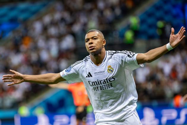 UEFA Super Cup 2024 Final match: Real Madrid Vs Atalanta BC in Warsaw, Poland - 14 Aug 2024 Kylian Mbappe of Real celebrates a goal during the UEFA Super Cup 2024 Final match between Real Madrid and Atalanta BC at PGE Narodowy stadium in Warsaw. Final score; Real Madrid 2:0. Atalanta BC. Warsaw Poland Copyright: xMiko?ajxBarbanellx xSOPAxImagesx MBarbanell_UEFASC2024_14082024_37