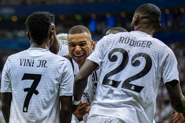 UEFA Super Cup 2024 Final match: Real Madrid Vs Atalanta BC in Warsaw, Poland - 14 Aug 2024 Vinicius Junior (L), Kylian Mbappe (C), Antonio Rudiger (R) of Real celebrate a goal during the UEFA Super Cup 2024 Final match between Real Madrid and Atalanta BC at PGE Narodowy stadium in Warsaw. Final score; Real Madrid 2:0. Atalanta BC. Warsaw Poland Copyright: xMiko?ajxBarbanellx xSOPAxImagesx MBarbanell_UEFASC2024_14082024_42