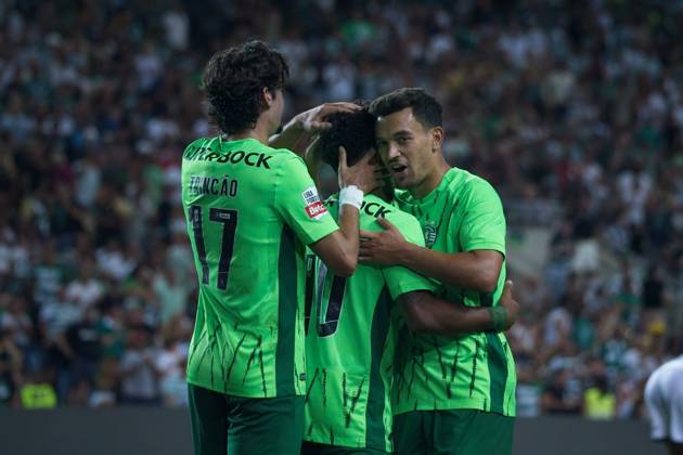August 23, 2024, Algarve Stadium, Loule, Portugal, Sporting Clube Farense v Sporting Clube de Portugal, Liga Portugal Betclic, Week 3 August 23, 2024, Loule, Portugal: Marcus Edwards 10, Pedro Goncalves 8 and Francisco Trincao 17 of Sporting Clube de Portugal in action during the Liga Portugal Betclic week 3 football match between Sporting Clube Farense and Sporting Clube de Portugal at Algarve Stadium. Copyright: xNUNOxPIRESxVELOSOx