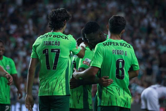 August 23, 2024, Algarve Stadium, Loule, Portugal, Sporting Clube Farense v Sporting Clube de Portugal, Liga Portugal Betclic, Week 3 August 23, 2024, Loule, Portugal: Marcus Edwards 10, Pedro Goncalves 8, Ousmane Diomande 26 and Francisco Trincao 17 of Sporting Clube de Portugal in action during the Liga Portugal Betclic week 3 football match between Sporting Clube Farense and Sporting Clube de Portugal at Algarve Stadium. Copyright: xNUNOxPIRESxVELOSOx