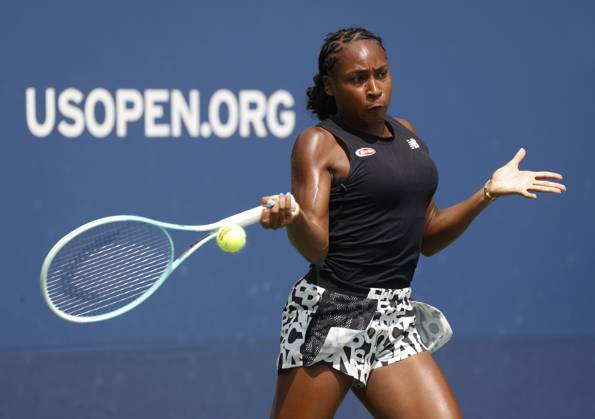 Coco Gauff returns a ball on the practice courts at the 2024 US Open Tennis Championships in at the USTA Billie Jean King National Tennis Center on Saturday, August 24, 2024 in New York City.  NYP20240824112 JOHNxANGELILLO