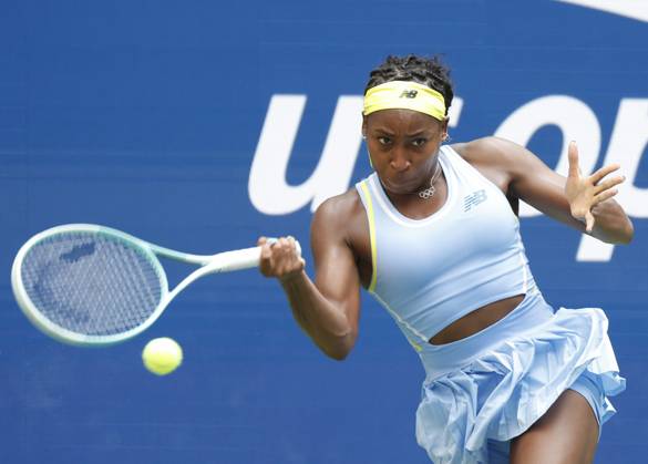 Coco Gauff hits a forehand in the second set before defeating Varvara Gracheva of France in straight sets in the first round of the 2024 US Open Tennis Championships in at the USTA Billie Jean King National Tennis Center on Saturday, August 26, 2024 in New York City.  NYP20240826101 JOHNxANGELILLO