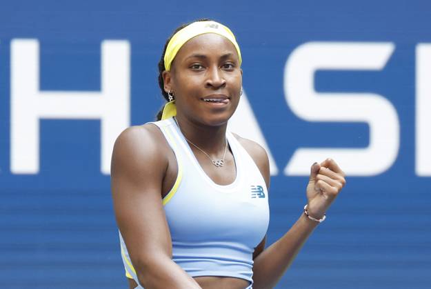 Coco Gauff celebrates after match point defeating Varvara Gracheva of France in the first round of the 2024 US Open Tennis Championships in at the USTA Billie Jean King National Tennis Center on Saturday, August 26, 2024 in New York City.  NYP20240826103 JOHNxANGELILLO