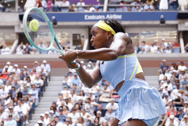 Coco Gauff returns a ball in the second set before defeating Varvara Gracheva of France in straight sets in the first round of the 2024 US Open Tennis Championships in at the USTA Billie Jean King National Tennis Center on Saturday, August 26, 2024 in New York City.  NYP20240826105 JOHNxANGELILLO