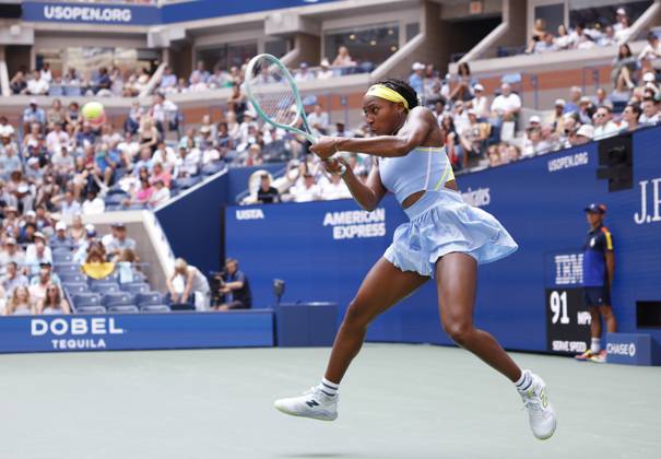Coco Gauff returns a ball in the second set before defeating Varvara Gracheva of France in straight sets in the first round of the 2024 US Open Tennis Championships in at the USTA Billie Jean King National Tennis Center on Saturday, August 26, 2024 in New York City.  NYP20240826106 JOHNxANGELILLO