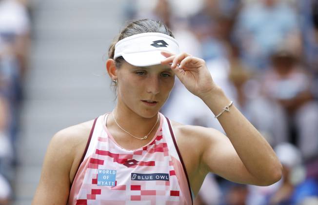 Varvara Gracheva of France stands on the court in the second set before losing to Coco Gauff in straight sets in the first round of the 2024 US Open Tennis Championships in at the USTA Billie Jean King National Tennis Center on Saturday, August 26, 2024 in New York City.  NYP20240826107 JOHNxANGELILLO