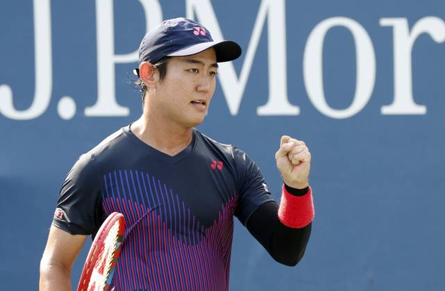Yoshihito Nishioka of Japan celebrates after winning a point in the first set against Miomir Kecmanovic of Serbia in the first round of the 2024 US Open Tennis Championships in at the USTA Billie Jean King National Tennis Center on Saturday, August 26, 2024 in New York City.  NYP20240826112 JOHNxANGELILLO