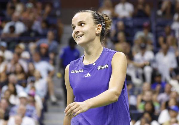 Clara Burel of France reacts after match point defeating Sloane Stephens in straight sets in Arthur Ashe Stadium in the first round of the 2024 US Open Tennis Championships in at the USTA Billie Jean King National Tennis Center on Monday, August 26, 2024 in New York City.  NYP20240826122 JOHNxANGELILLO