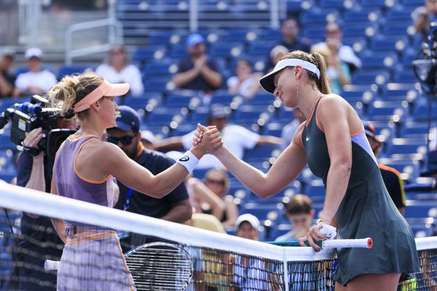 August 26, 2024, Flushing Meadows, New York, USA: Paula Badosa shakes hands on Day 1 of her match after defeating Viktorija Golubic in the 2024 US Open held at the USTA Billie Jean King National Tennis Center on MondayAugust 26, 2024 in the Flushing neighborhood of the Queens borough of New York City. JAVIER ROJAS PI Flushing Meadows USA - ZUMAp124 20240826_zaa_p124_059 Copyright: xJavierxRojasx