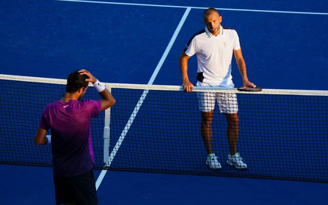 Dan Evans celebrates his record-breaking first round win over Karen Khachanov, the longest ever US Open match US Open Championships 2024, Day Two, Flushing Meadows, New York, USA - 27 Aug 2024  Copyright: xJavierxGarcia Shutterstockx 14664795bp