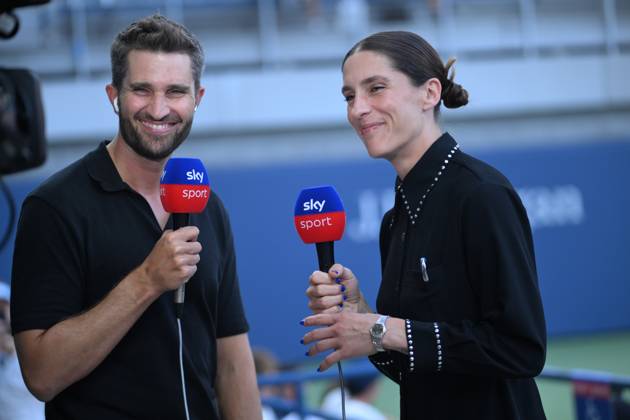 2024 US Open , New York Andrea Petkovic GER and Sky reporter Paul Häuser GER