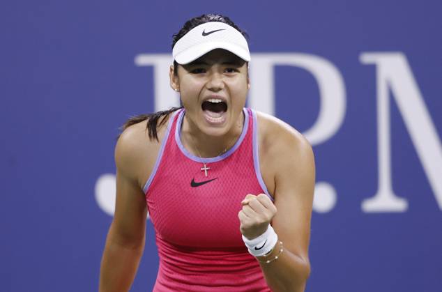 Emma Raducanu of the United Kingdom celebrates after winning a point in her first round defeat to Sofia.Kenin at the 2024 US Open Tennis Championships in at the USTA Billie Jean King National Tennis Center on Tuesday, August 27, 2024 in New York City.  NYP20240827103 JOHNxANGELILLO