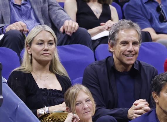 Ben Stiller and Christine Taylor watch Carlos Alcaraz of Spain defeat Li Tu of Australia in Arthur Ashe Stadium in the first round of the 2024 US Open Tennis Championships in at the USTA Billie Jean King National Tennis Center on Tuesday, August 27, 2024 in New York City.  NYP20240827121 JOHNxANGELILLO
