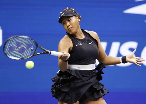 Naomi Osaka returns a ball to Karolina Muchova in the second round in Arthur Ashe Stadium of the 2024 US Open Tennis Championships in at the USTA Billie Jean King National Tennis Center on Thursday, August 29, 2024 in New York City.  NYP20240829110 JOHNxANGELILLO
