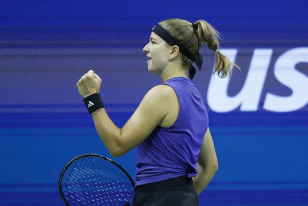 Karolina Muchova celebrates after match point defeating Naomi Osaka in straight sets in the second round in Arthur Ashe Stadium of the 2024 US Open Tennis Championships in at the USTA Billie Jean King National Tennis Center on Thursday, August 29, 2024 in New York City.  NYP20240829115 JOHNxANGELILLO