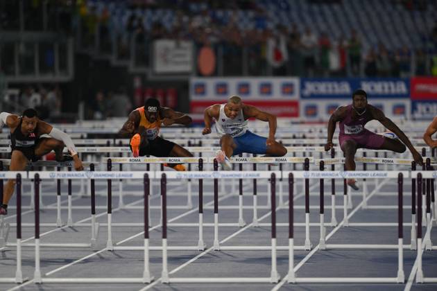 - Internazionali di Atletica - Golden Gala Pietro Mennea Lorenzo Ndele SIMONELLI (ITA) Orlando BENNETT (JAM) Sasha ZHOYA (FRA) Cordell TINCH (USA) compete in 110m Hurdles Men during the Diamond League Athletics 30th August 2024 at the Olimpic Stadium in Rome Rome Italy  Copyright: xIPAxSport ABACAx