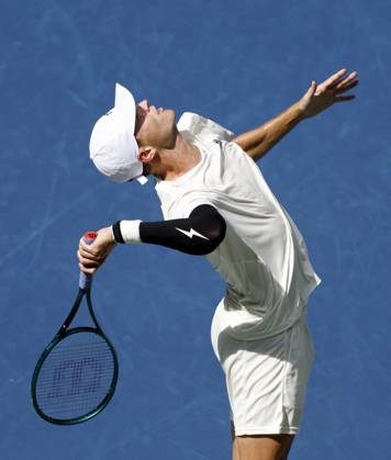 Christopher O Connell of Australia serves in the first set in his straight sets defeat to Jannik Sinner of Italy in the third round in Arthur Ashe Stadium of the 2024 US Open Tennis Championships in at the USTA Billie Jean King National Tennis Center on Saturday, August 31, 2024 in New York City.  NYP20240831108 JOHNxANGELILLO