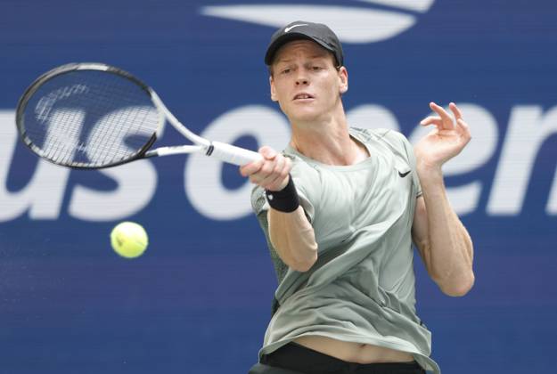 Jannik Sinner of Italy hits a forehand in the second set before defeating Christopher O Connell of Australia in the third round in Arthur Ashe Stadium of the 2024 US Open Tennis Championships in at the USTA Billie Jean King National Tennis Center on Saturday, August 31, 2024 in New York City.  NYP20240831103 JOHNxANGELILLO