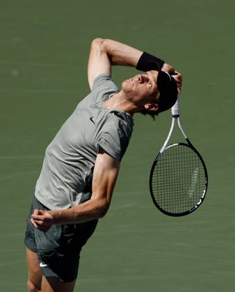 Jannik Sinner of Italy serves in the first set before defeating Christopher O Connell of Australia in the third round in Arthur Ashe Stadium of the 2024 US Open Tennis Championships in at the USTA Billie Jean King National Tennis Center on Saturday, August 31, 2024 in New York City.  NYP20240831110 JOHNxANGELILLO