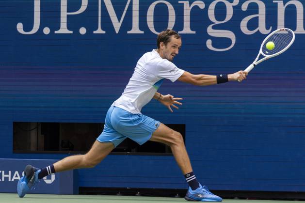 Daniil Medvedev of Russia returns a ball to Nuno Borges of Portugal in the fourth round in Arthur Ashe Stadium of the 2024 US Open Tennis Championships at the USTA Billie Jean King National Tennis Center on Monday, September 2, 2024 in New York City.  NYP20240902523 COREYxSIPKIN