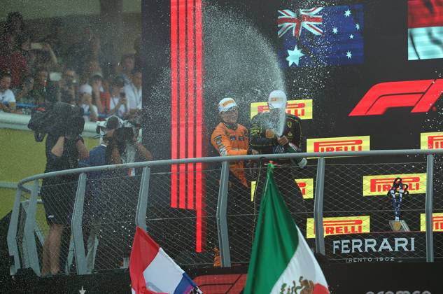 01 09 2024, xrarjax, Motorsport FIA Formula 1, Italian Grand Prix 2024 emspor, v l Oscar Piastri McLaren starting number 81 Charles Leclerc Ferrari starting number 16 Lando Norris McLaren starting number 04 on the podium Monza
