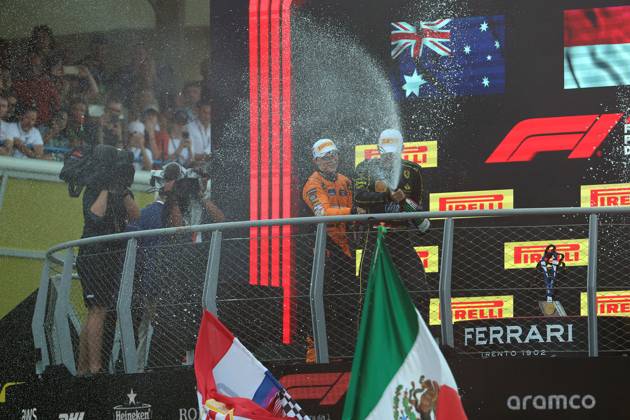 01 09 2024, xrarjax, Motorsport FIA Formula 1, Italian Grand Prix 2024 emspor, v l Oscar Piastri McLaren starting number 81 Charles Leclerc Ferrari starting number 16 Lando Norris McLaren starting number 04 on the podium Monza