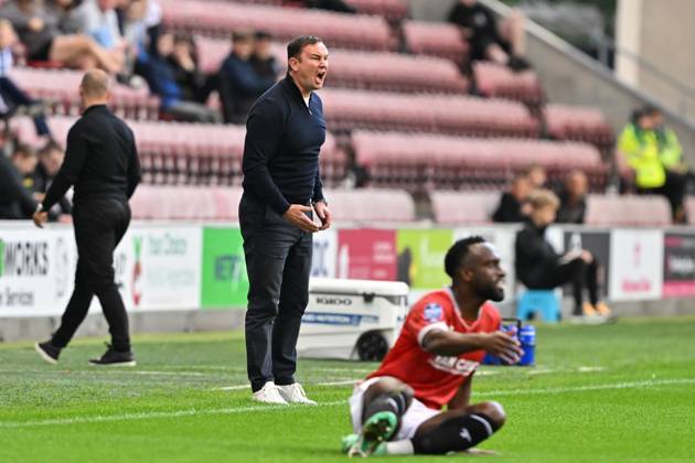 Bristol Street Motors Trophy Wigan Athletic v Morecambe Derek Adams manager of Morecambe reacts during the Bristol Street Motors Trophy match Wigan Athletic vs Morecambe at DW Stadium, Wigan, United Kingdom, 3rd September 2024 (Photo by Cody Froggatt News Images) Wigan DW Stadium Greater Manchester United, ManU Kingdom Copyright: xCodyxFroggatt NewsxImagesx