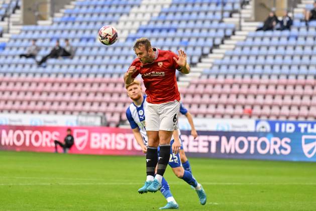 Bristol Street Motors Trophy Wigan Athletic v Morecambe Jamie Stott of Morecambe heads the ball during the Bristol Street Motors Trophy match Wigan Athletic vs Morecambe at DW Stadium, Wigan, United Kingdom, 3rd September 2024 (Photo by Cody Froggatt News Images) Wigan DW Stadium Greater Manchester United, ManU Kingdom Copyright: xCodyxFroggatt NewsxImagesx
