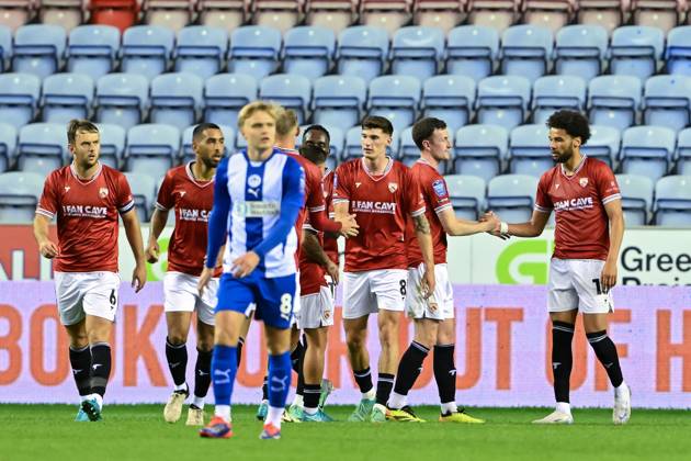 Bristol Street Motors Trophy Wigan Athletic v Morecambe Lee Angol of Morecambe celebrates his goal to make it 1-2 Morecambe during the Bristol Street Motors Trophy match Wigan Athletic vs Morecambe at DW Stadium, Wigan, United Kingdom, 3rd September 2024 (Photo by Cody Froggatt News Images) Wigan DW Stadium Greater Manchester United, ManU Kingdom Copyright: xCodyxFroggatt NewsxImagesx