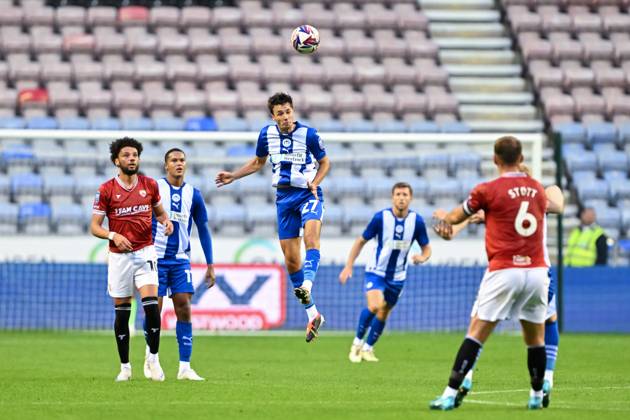 Bristol Street Motors Trophy Wigan Athletic v Morecambe Kai Payne of Wigan Athletic heads the ball during the Bristol Street Motors Trophy match Wigan Athletic vs Morecambe at DW Stadium, Wigan, United Kingdom, 3rd September 2024 (Photo by Cody Froggatt News Images) Wigan DW Stadium Greater Manchester United, ManU Kingdom Copyright: xCodyxFroggatt NewsxImagesx