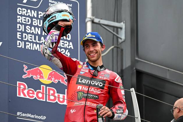- MotoGP - GP15 - Gran Premio Red Bull di San Marino e della Riviera di Rimini - Race Enea Bastianini Italian Ducati Lenovo Team Ducati celebrates third place in the MotoGP Race during GP15 - Gran Premio Red Bull di San Marino e della Riviera di Rimini - Race, MotoGP World Championship, WM, Weltmeisterschaft in Misano Adriatico, Italy, September 08 2024 Misano Adriatico Italy Copyright: xIPAxSport ABACAx