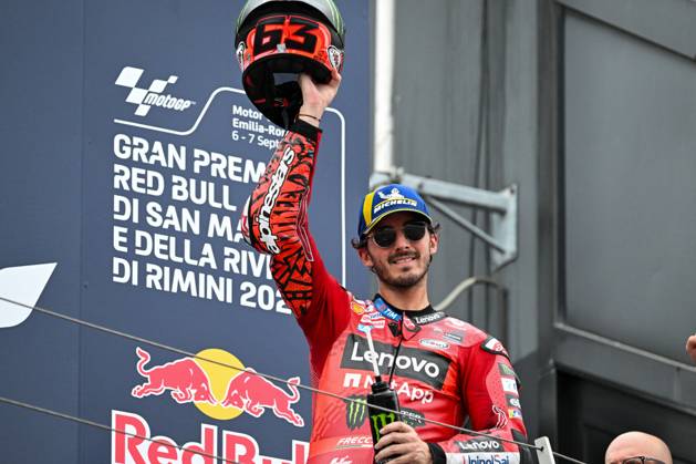 - MotoGP - GP15 - Gran Premio Red Bull di San Marino e della Riviera di Rimini - Race Francesco Bagnaia Italian Ducati Lenovo Team Ducati celebrates second place in the MotoGP Race during GP15 - Gran Premio Red Bull di San Marino e della Riviera di Rimini - Race, MotoGP World Championship, WM, Weltmeisterschaft in Misano Adriatico, Italy, September 08 2024 Misano Adriatico Italy Copyright: xIPAxSport ABACAx
