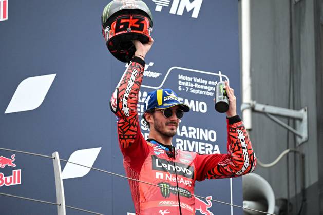 - MotoGP - GP15 - Gran Premio Red Bull di San Marino e della Riviera di Rimini - Race Francesco Bagnaia Italian Ducati Lenovo Team Ducati celebrates second place in the MotoGP Race during GP15 - Gran Premio Red Bull di San Marino e della Riviera di Rimini - Race, MotoGP World Championship, WM, Weltmeisterschaft in Misano Adriatico, Italy, September 08 2024 Misano Adriatico Italy Copyright: xIPAxSport ABACAx