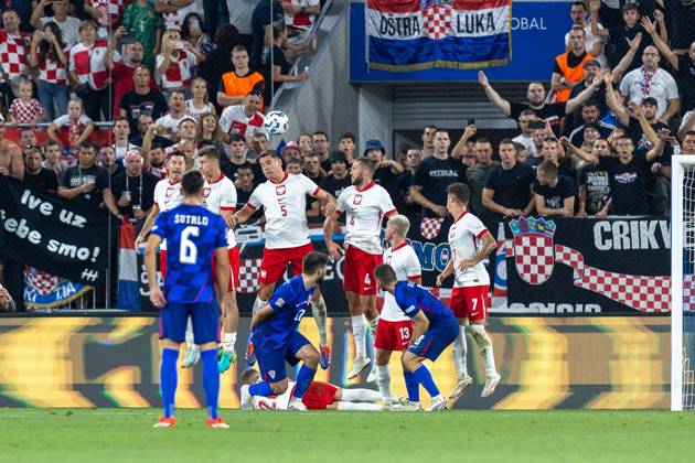Croatia v Poland - UEFA Nations League 2024 25 League A Group A1 OSIJEK, CROATIA - SEPTEMBER 8: Players of Poland try to block Luka Modric s goal during the UEFA Nations League 2024 25 League A Group A1 match between Croatia and Poland at on September 8, 2024 in Osijek, Croatia. (Photo by Borna Jaksic Pixsell MB Media Getty Images) DavorxJavorovic Pixsell