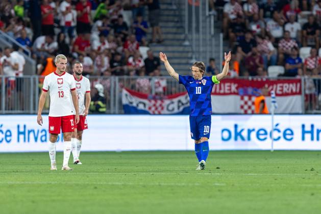Croatia v Poland - UEFA Nations League 2024 25 League A Group A1 OSIJEK, CROATIA - SEPTEMBER 8: Player of Croatia Luka Modric celebrates his goal during the UEFA Nations League 2024 25 League A Group A1 match between Croatia and Poland at on September 8, 2024 in Osijek, Croatia. (Photo by Borna Jaksic Pixsell MB Media Getty Images) DavorxJavorovic Pixsell