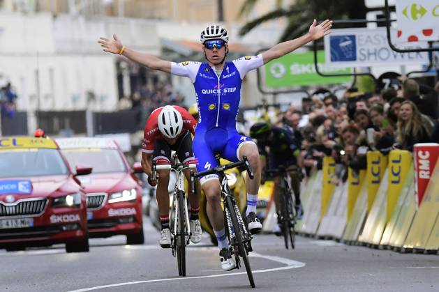 Paris - Nice 2017 - stage 8 NICE, FRANCE - MARCH 12 : DE LA CRUZ MELGAREJO David (ESP) Rider of Quick-Step Floors Cycling team celebrates winning in front of CONTADOR Alberto (ESP) Rider of Trek - Segafredo during stage 08 of the 75th edition of the Paris - Nice cycling race, a stage of 115,5 km with start and finish in Nice on March 12, 2017 in Nice, France, 12 03 2017 Nice France Copyright: xNicoxVereeckenx 10632311-052