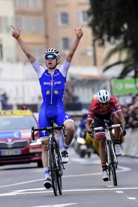Paris - Nice 2017 - stage 8 NICE, FRANCE - MARCH 12 : DE LA CRUZ MELGAREJO David (ESP) Rider of Quick-Step Floors Cycling team celebrates winning in front of CONTADOR Alberto (ESP) Rider of Trek - Segafredo during stage 08 of the 75th edition of the Paris - Nice cycling race, a stage of 115,5 km with start and finish in Nice on March 12, 2017 in Nice, France, 12 03 2017 Nice France Copyright: xNicoxVereeckenx 10632311-054
