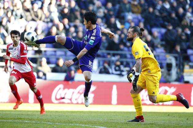 RSC Anderlecht v Mouscron : Jupiler Pro League BRUSSELS, BELGIUM - FEBRUARY 25 : Ryota Morioka forward of RSC Anderlecht scores and celebrates during the Jupiler Pro League match between RSC Anderlecht and Excelsior Mouscron at the Constant Vanden Stock stadium on February 25, 2018 in Brussels, Belgium, 25 02 2018 Brussels Belgium Copyright: xJimmyxBolcinax 10696969-228