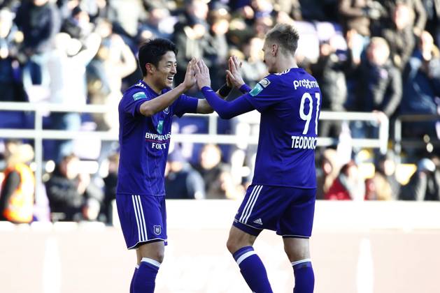 RSC Anderlecht v Mouscron : Jupiler Pro League BRUSSELS, BELGIUM - FEBRUARY 25 : Ryota Morioka forward of RSC Anderlecht scores and celebrates during the Jupiler Pro League match between RSC Anderlecht and Excelsior Mouscron at the Constant Vanden Stock stadium on February 25, 2018 in Brussels, Belgium, 25 02 2018 Brussels Belgium Copyright: xJimmyxBolcinax 10696969-230