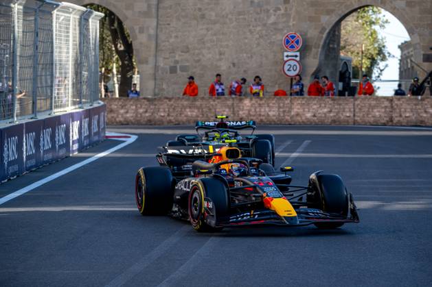 BAKU, AZERBAIJAN: Sergio Perez, racing for the Red Bull Racing team during the 2024 Formula 1 Azerbaijan Grand Prix at the Baku City Circuit in Baku, Azerbaijan