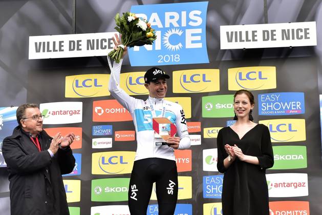 Paris-Nice 2018 stage 8 NICE, FRANCE - MARCH 11 : DE LA CRUZ MELGAREJO David (ESP) of Team SKY celebrates the win during the podium ceremony after stage 8 of the 2018 Paris - Nice cycling race with start and finish in Nice (110 km) on March 11, 2018 in Nice, France, 11 03 2018 Nice France Copyright: xPeterxDexVoechtx 10700095-014