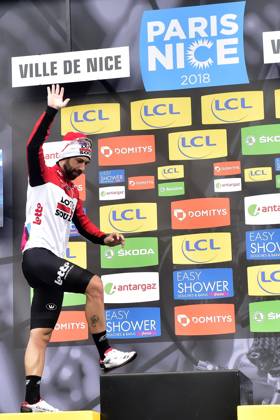 Paris-Nice 2018 stage 8 NICE, FRANCE - MARCH 11 : DE GENDT Thomas (BEL) of Lotto Soudal pictured with the polka dot jersey during the podium ceremony after stage 8 of the 2018 Paris - Nice cycling race with start and finish in Nice (110 km) on March 11, 2018 in Nice, France, 11 03 2018 Nice France Copyright: xPeterxDexVoechtx 10700095-025