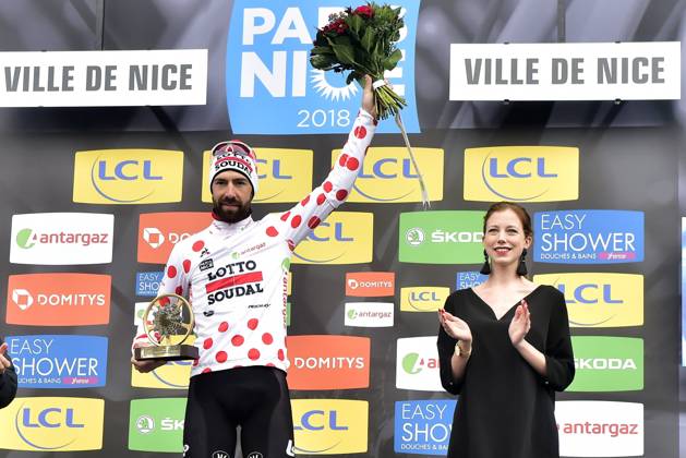 Paris-Nice 2018 stage 8 NICE, FRANCE - MARCH 11 : DE GENDT Thomas (BEL) of Lotto Soudal pictured with the polka dot jersey during the podium ceremony after stage 8 of the 2018 Paris - Nice cycling race with start and finish in Nice (110 km) on March 11, 2018 in Nice, France, 11 03 2018 Nice France Copyright: xPeterxDexVoechtx 10700095-026