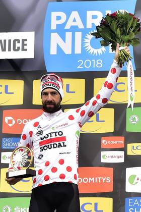 Paris-Nice 2018 stage 8 NICE, FRANCE - MARCH 11 : DE GENDT Thomas (BEL) of Lotto Soudal pictured with the polka dot jersey during the podium ceremony after stage 8 of the 2018 Paris - Nice cycling race with start and finish in Nice (110 km) on March 11, 2018 in Nice, France, 11 03 2018 Nice France Copyright: xPeterxDexVoechtx 10700095-027