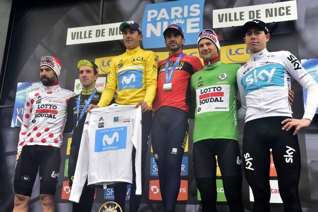 Paris-Nice 2018 stage 8 NICE, FRANCE - MARCH 11 : DE GENDT Thomas (BEL) of Lotto Soudal, WELLENS Tim (BEL) of Lotto Soudal, IZAGIRRE INSAUSTI Gorka (ESP) of Bahrain - Merida, SOLER Marc (ESP) of Movistar Team and YATES Simon (GBR) of Mitchelton - Scott pictured during the podium ceremony after stage 8 of the 2018 Paris - Nice cycling race with start and finish in Nice (110 km) on March 11, 2018 in Nice, France, 11 03 2018 Nice France Copyright: xPeterxDexVoechtx 10700095-032